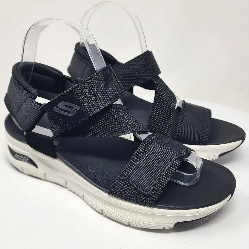 Skechers Arch Fit Casual Retro Sandals Women 8 Black Nylon Z-Strap 119237-BLK - Picture 2 of 12